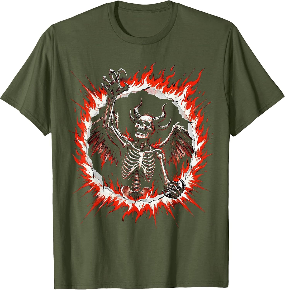 Demon Rising From a Ring of Fire Halloween T-Shirt - Olive Green