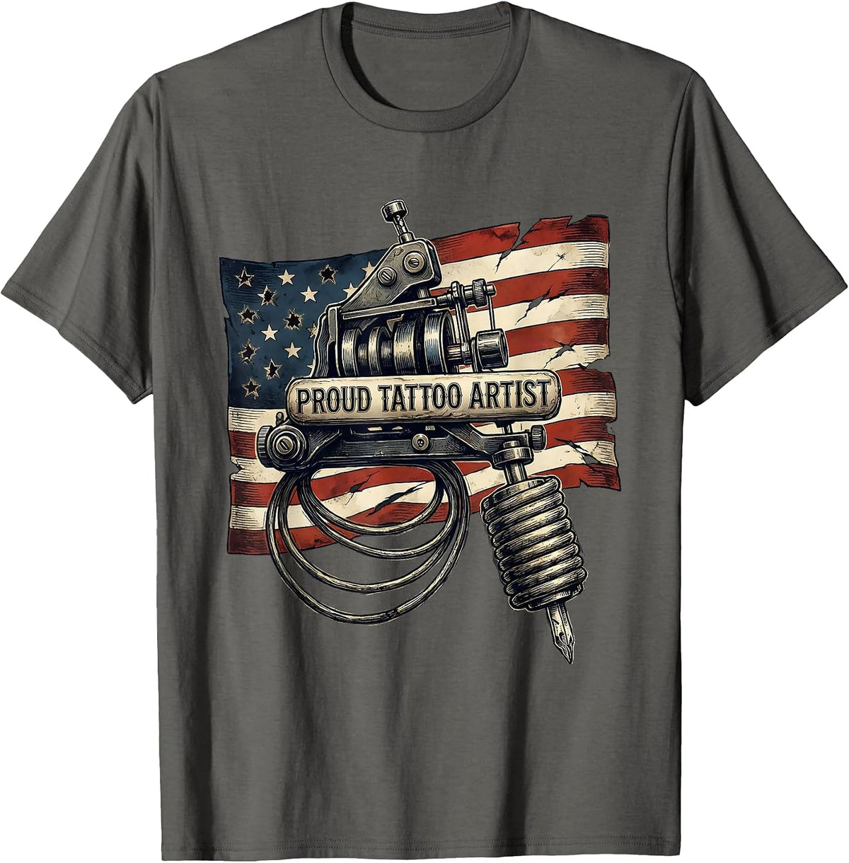 Proud Tattoo Artist Distressed American Flag Vintage Tattoo T-Shirt - Asphalt Grey