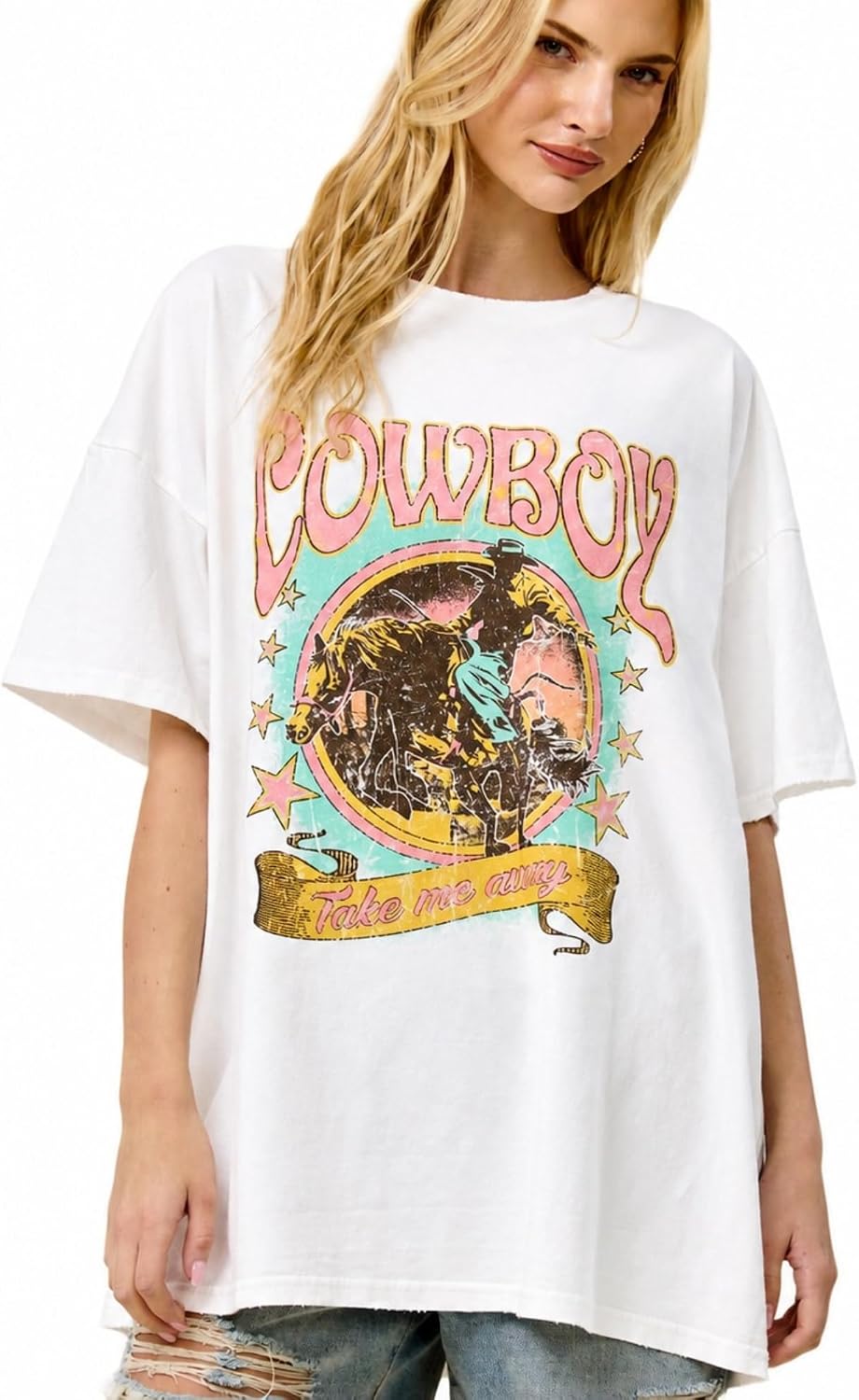 Extra Oversized Graphic Tee for Women – Runs Very Large, Size Down 1–2, Extreme Baggy Fit - Vintage Cowboy