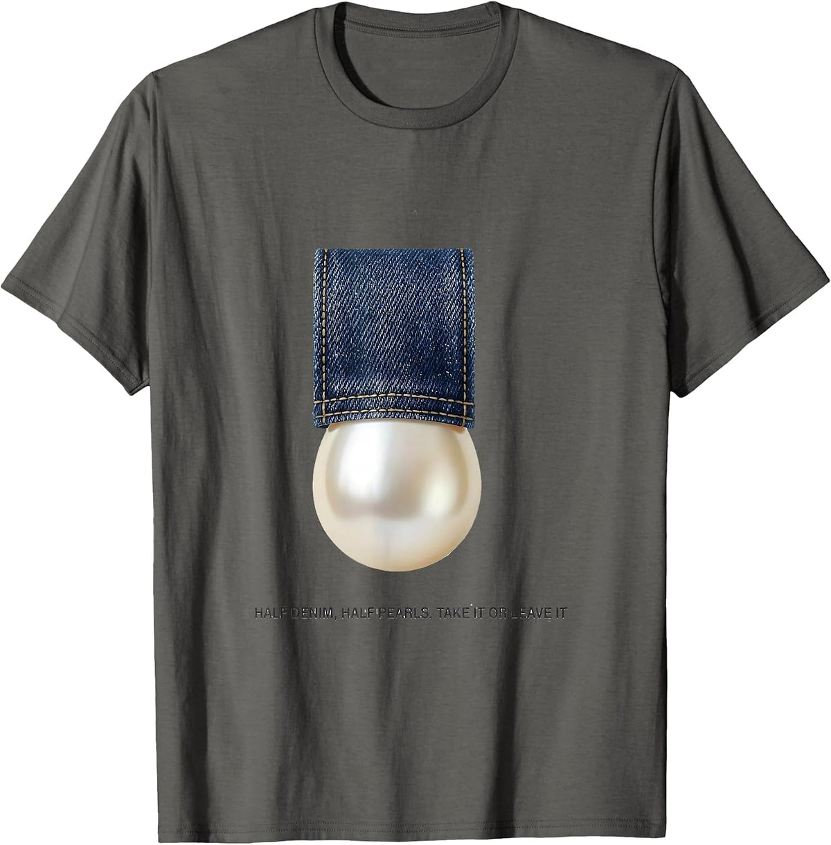 Men's Half Denim Half Pearls Take It Or Leave It Glam T-Shirt - Asphalt Grey