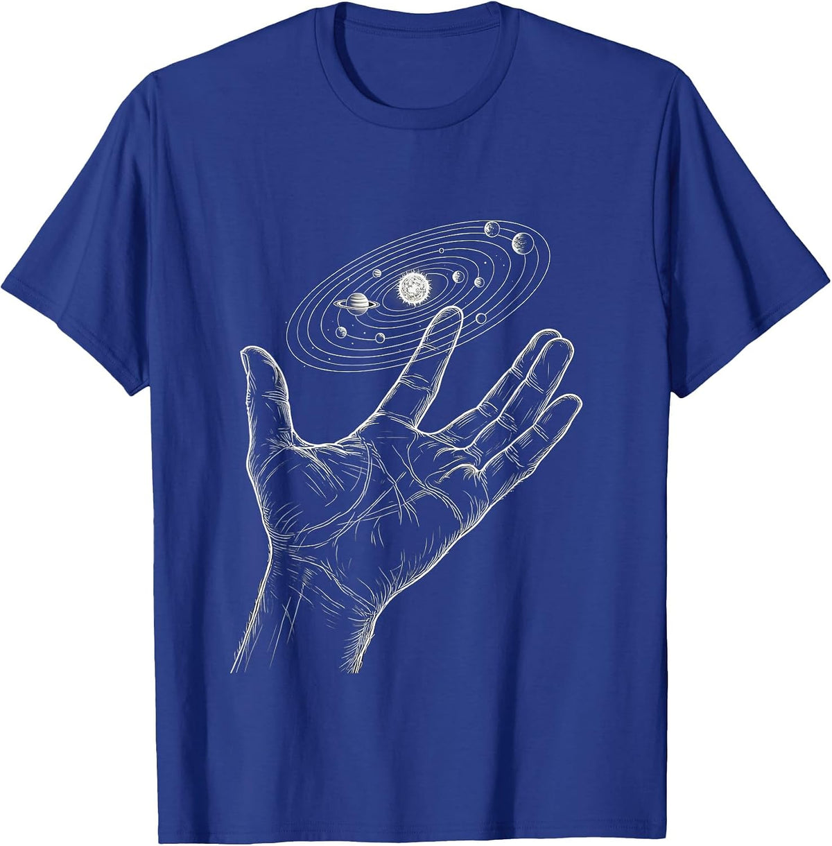 Men's Open Palm Holding Miniature Solar System T-Shirt - Royal Blue