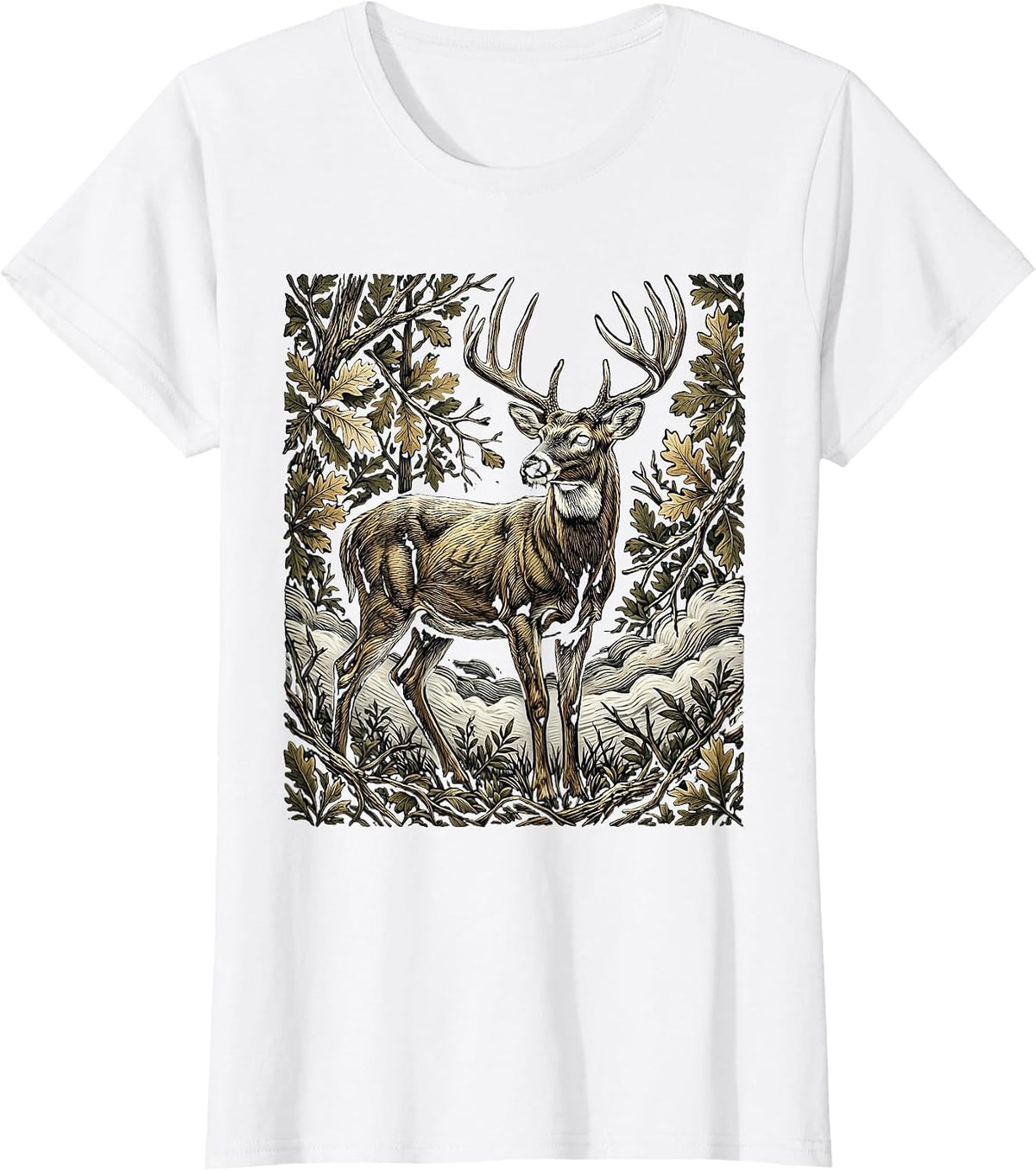 Women's Deer Buck Camouflage Fog Hunting Graphic T-Shirt - White