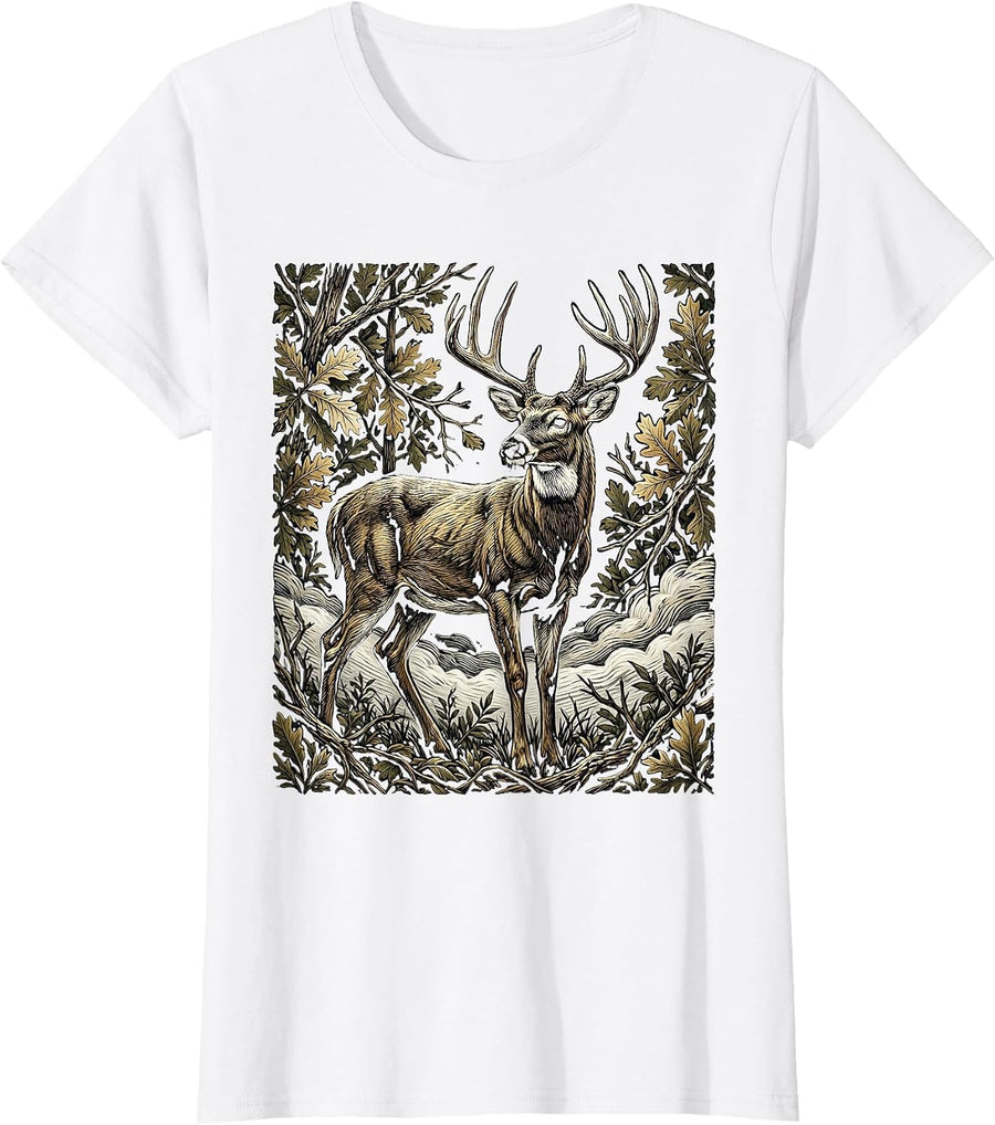 Women's Deer Buck Camouflage Fog Hunting Graphic T-Shirt - White