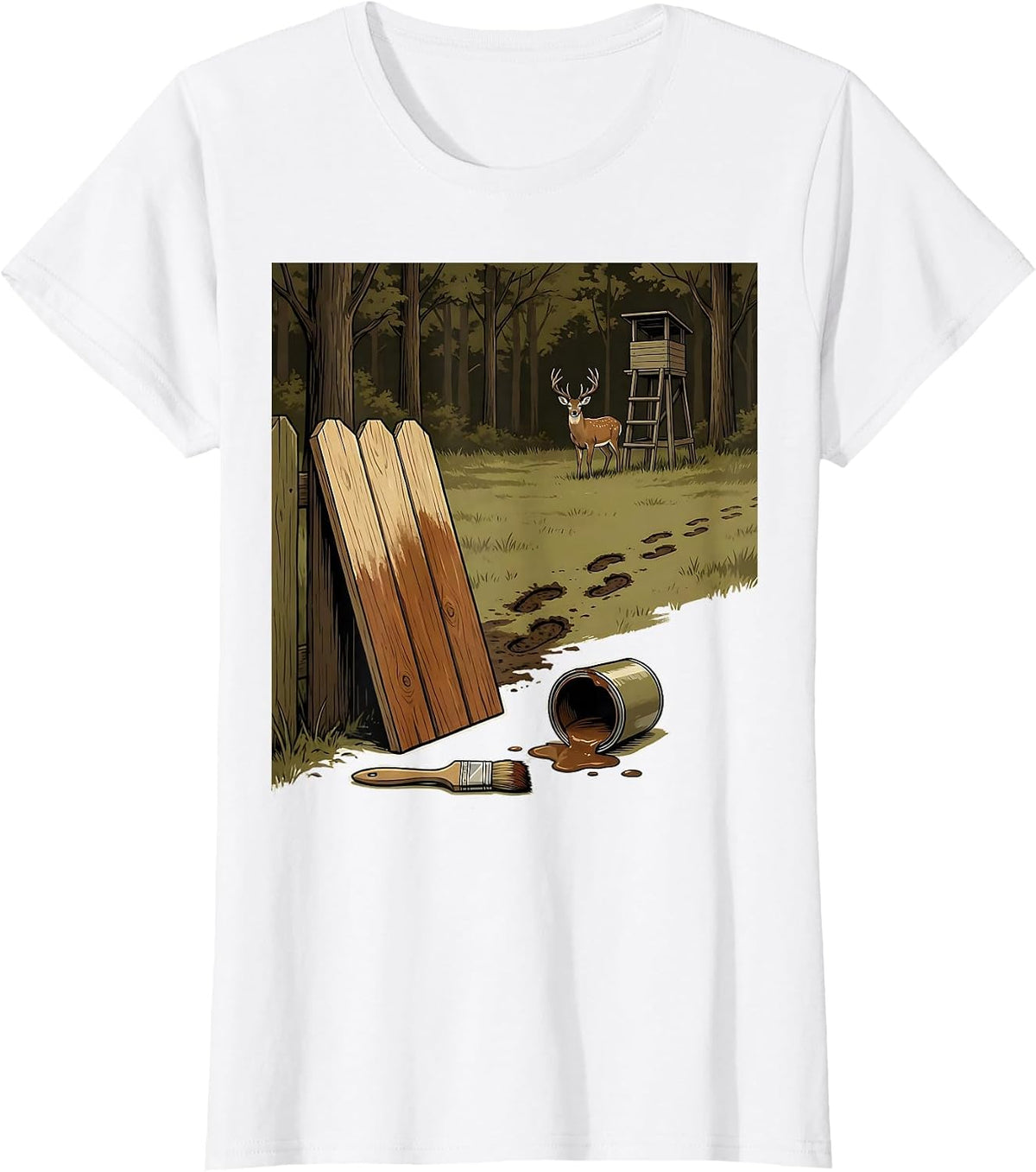 Women's Half-Painted Fence Board Deer Hunting Dad Humor T-Shirt - White