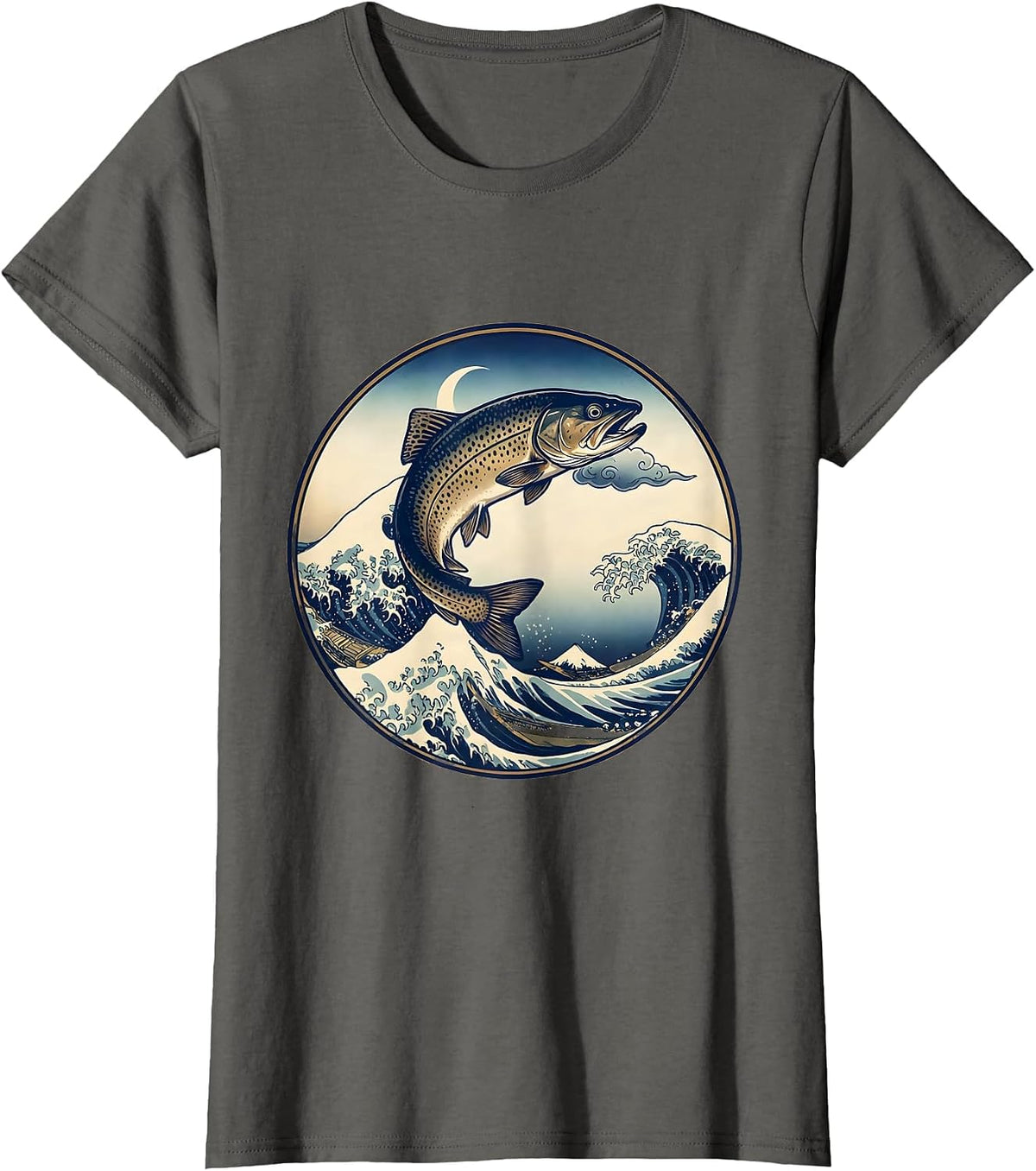 Women's Leaping Trout River Surface Fishing Illustration T-Shirt - Asphalt Grey