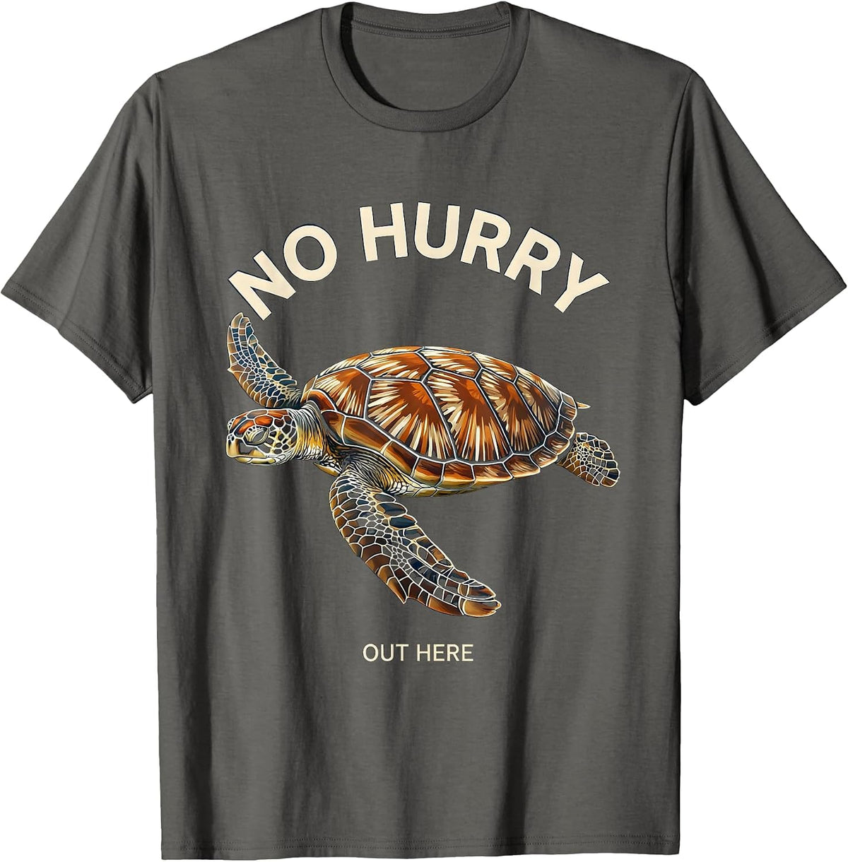Men's No Hurry Out Here Disrupted Stripe Sea Turtle Tropical T-Shirt - Asphalt Grey