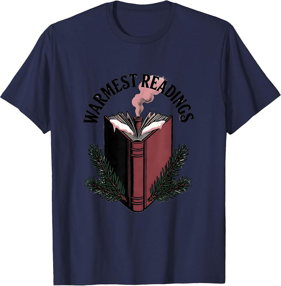 Warmest Readings Cozy Holiday Book Lover Bookworm Humor T-Shirt - Navy Blue