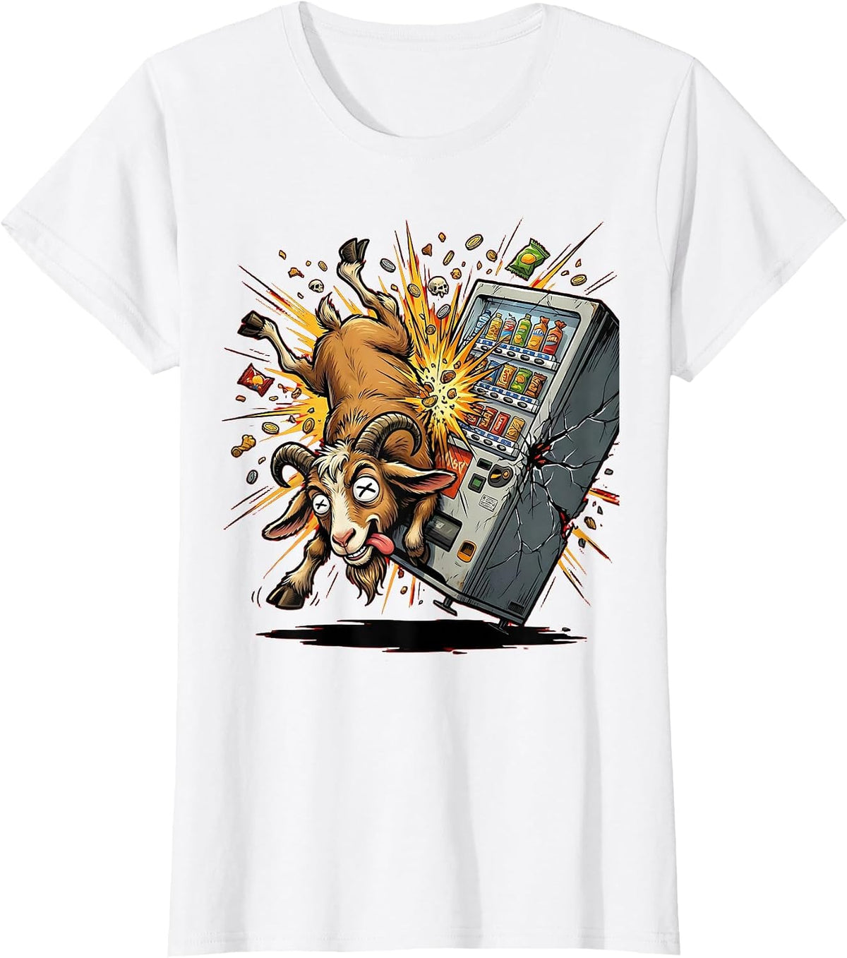 Women's Goat Headbutting Vending Machine Funny Graphic T-Shirt - White