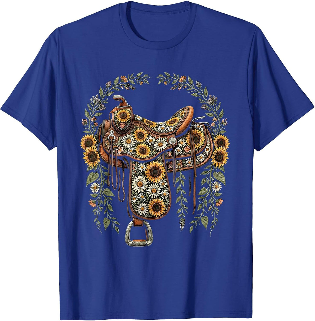 Western Saddle Wildflowers Boho Cowgirl Graphic T-Shirt - Royal Blue