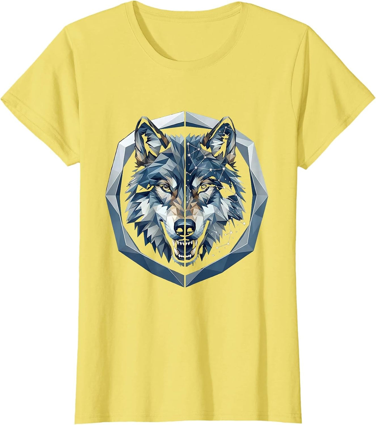 Women's Alpha Wolf Constellation Star Map Split Face Design T-Shirt - Lemon Yellow
