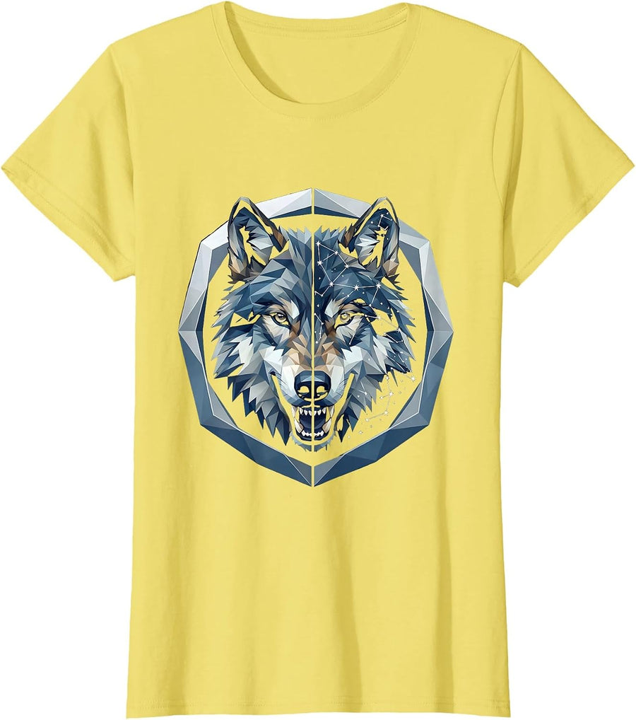 Women's Alpha Wolf Constellation Star Map Split Face Design T-Shirt - Lemon Yellow