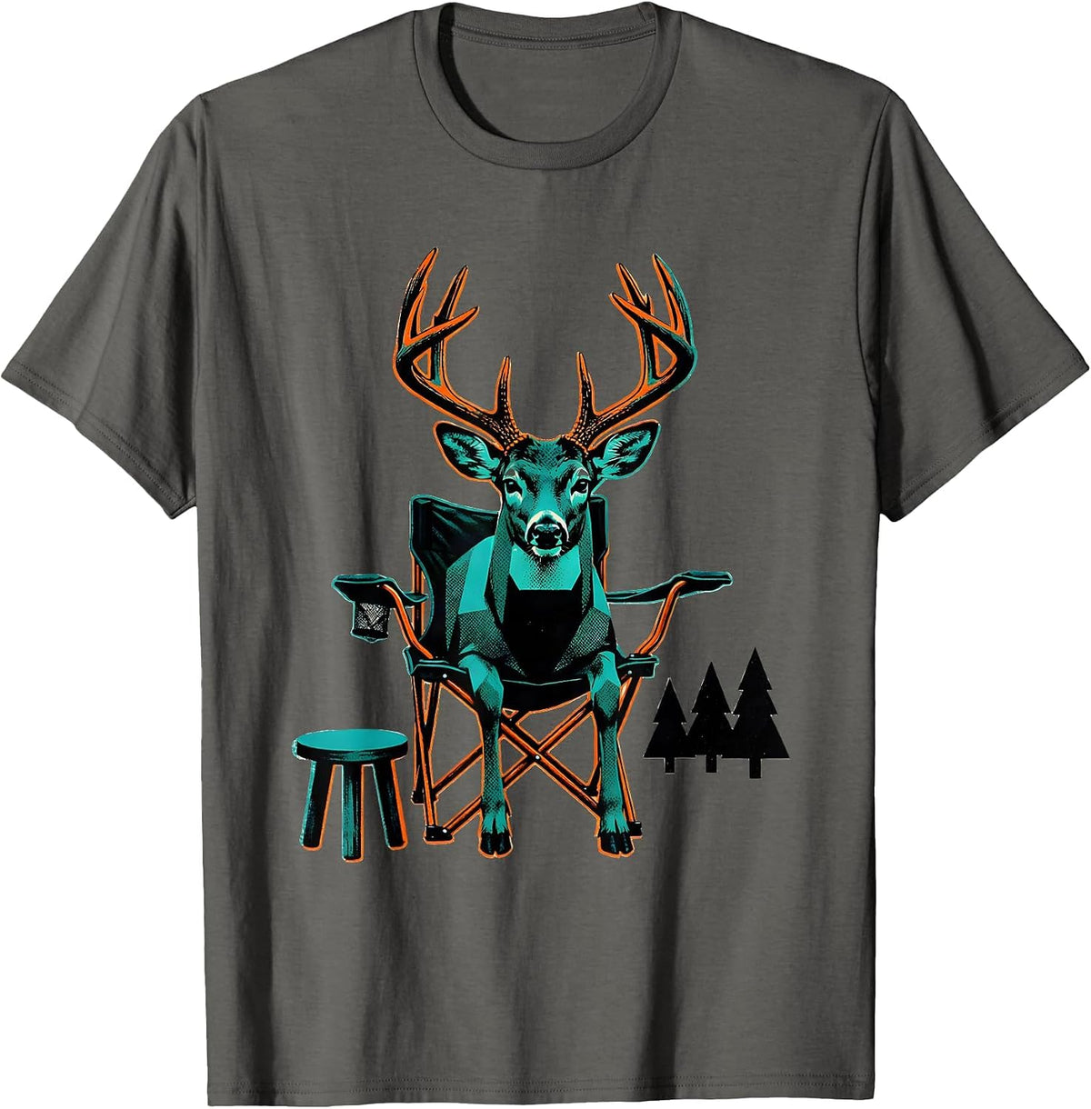 Men's Antlered Buck Hunting Chair Deer Hunter Dad Humor T-Shirt - Asphalt Grey