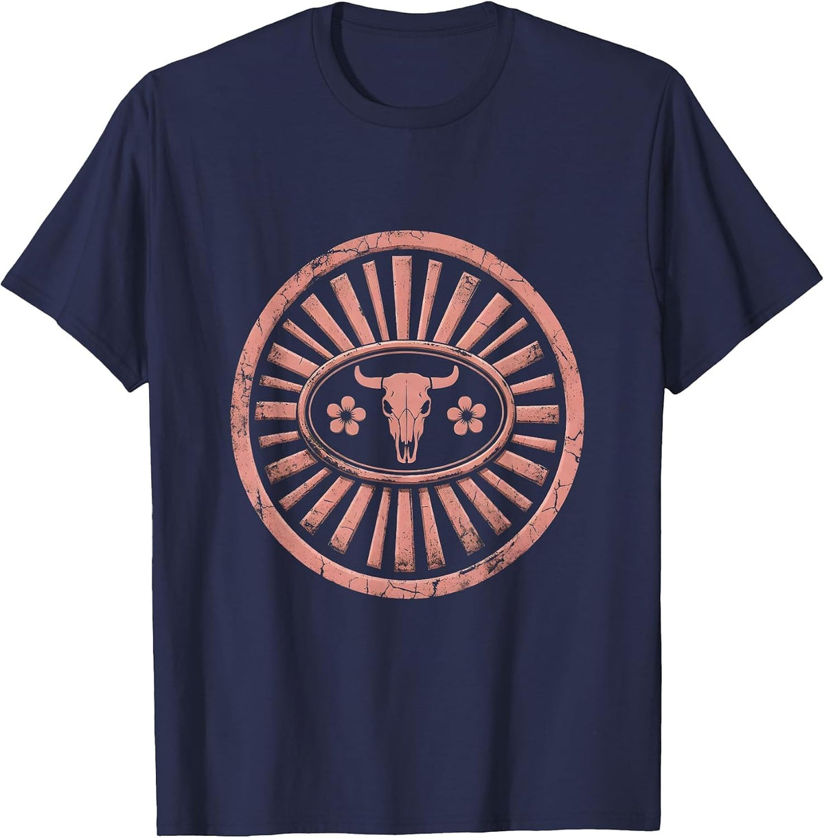 Men's Pink Cowgirl Rodeo Belt Buckle Sunburst Design T-Shirt - Navy Blue