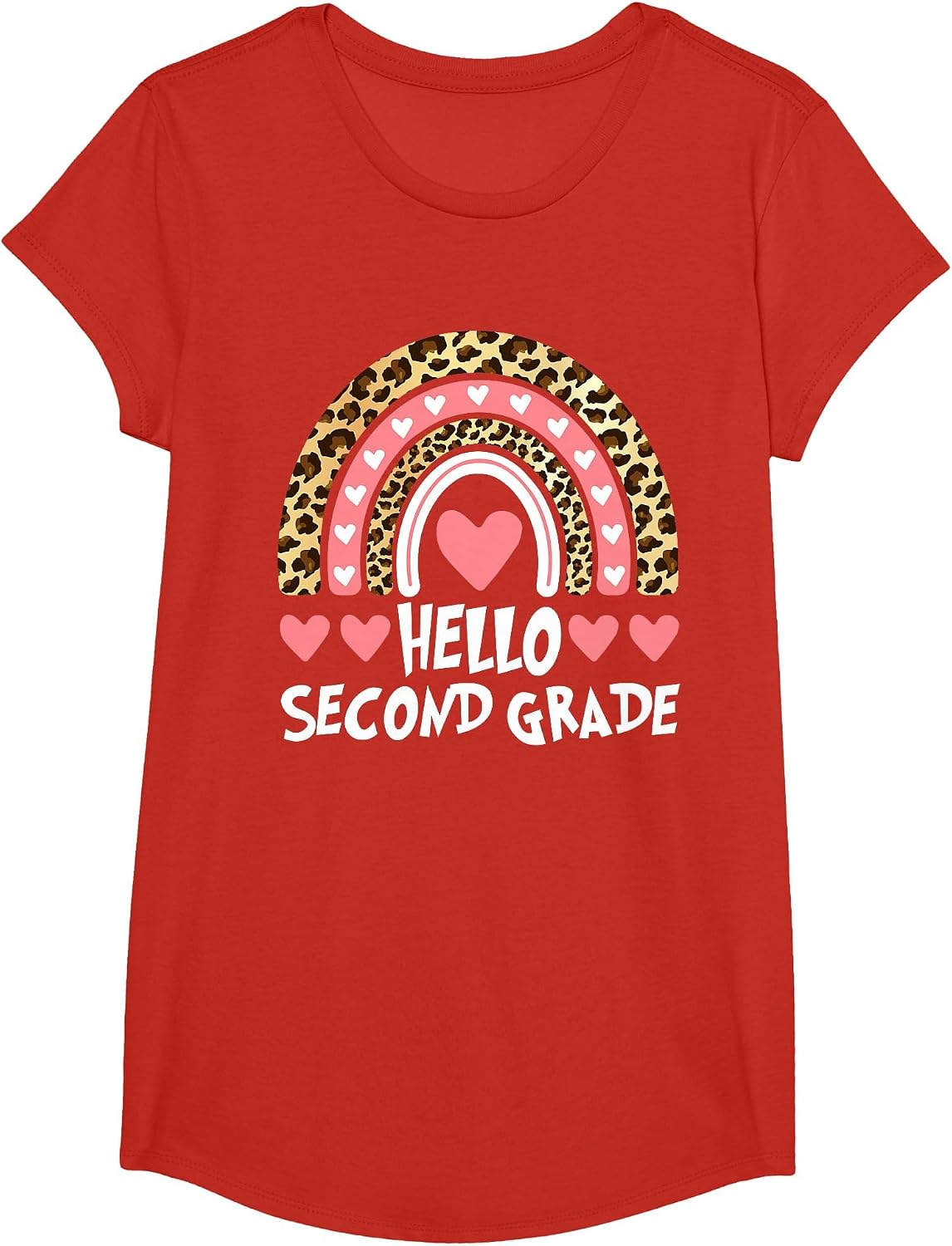 Hello Leopard Rainbow 2nd Grade Teacher Back to School T-Shirt - Girls Red