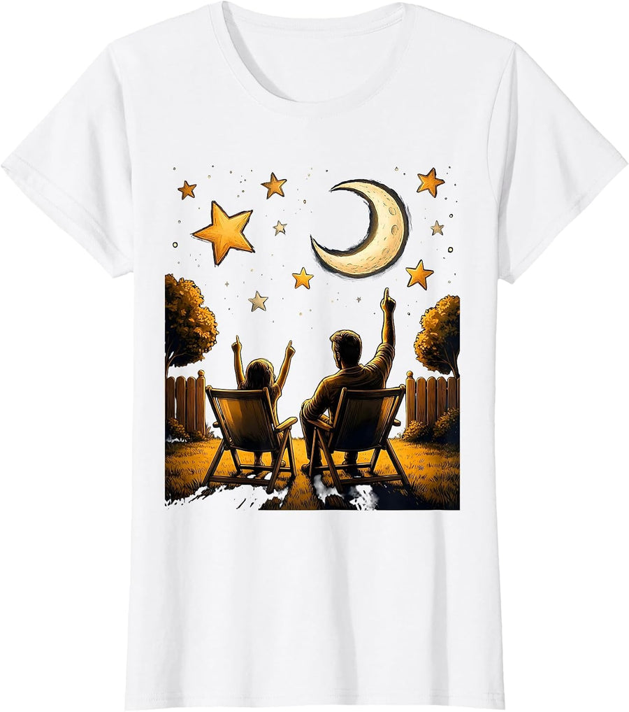 Women's Father Daughter Stargazing Backyard Night Sky Design T-Shirt - White