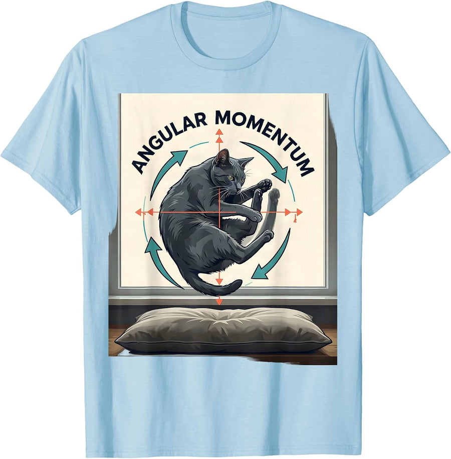 Men's Angular Momentum Funny Cat Physics Humor Design Cat Owner T-Shirt - Baby Blue