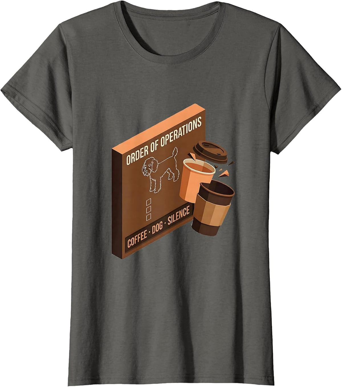Women's Order Of Operations: Coffee, Dog, Silence Bernedoodle T-Shirt - Asphalt Grey