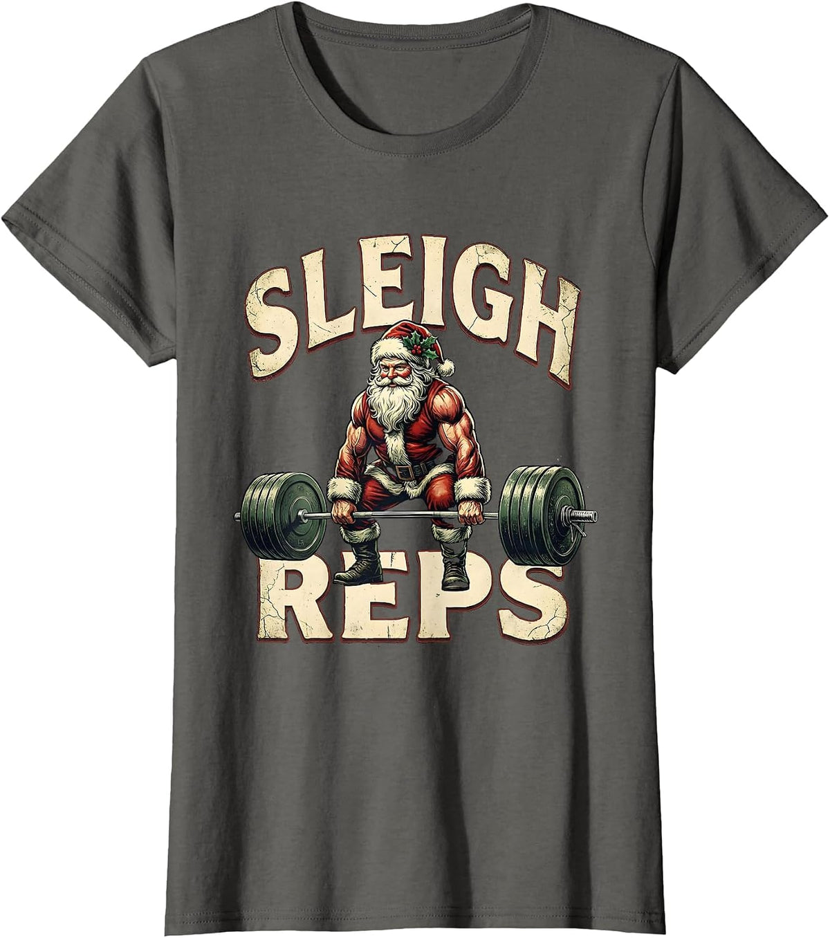Women's Sleigh Reps Distressed Funny Christmas Gym Weightlifting T-Shirt - Asphalt Grey