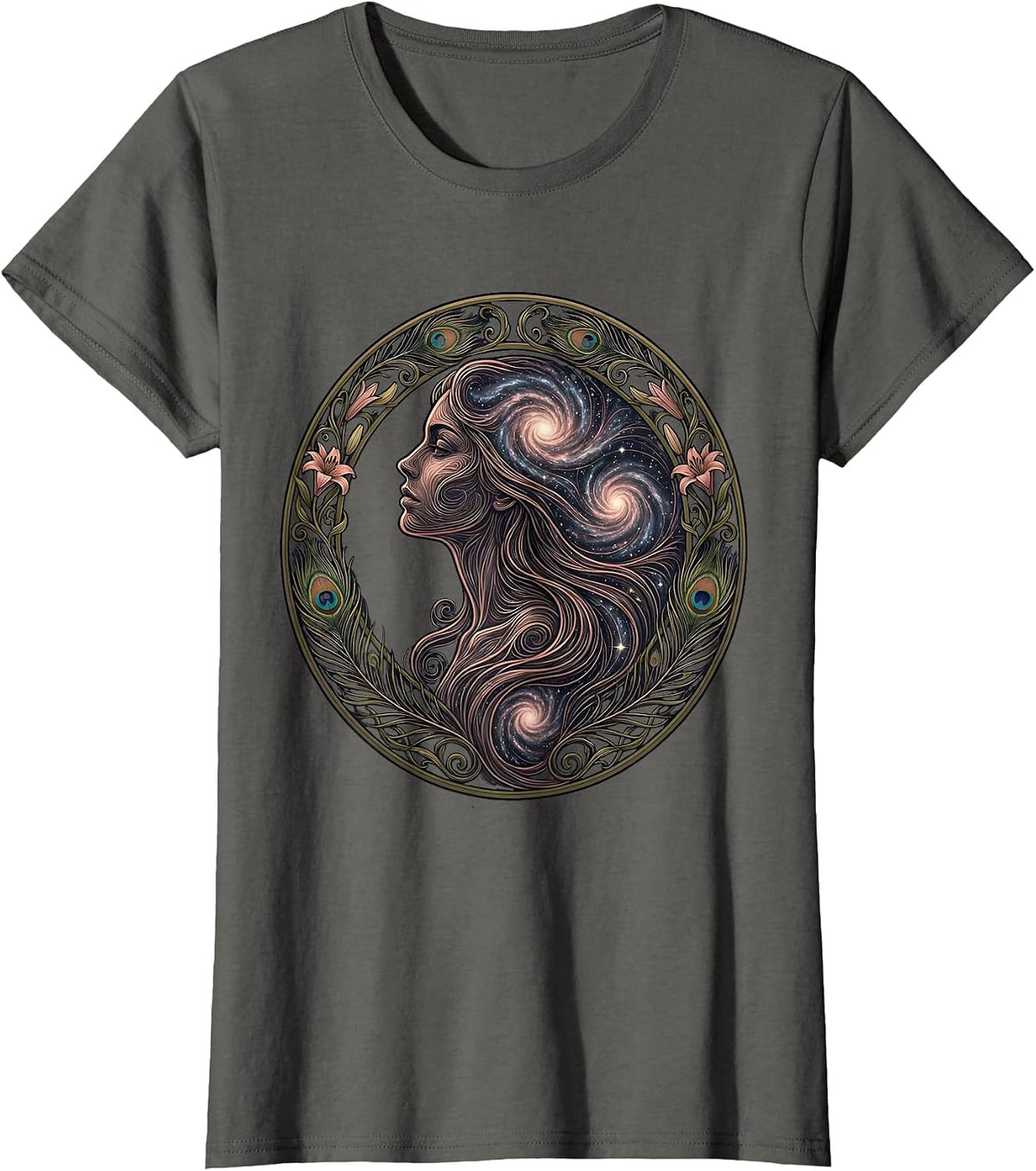 Women's Cosmic Soul Woman Profile Galaxy Art T-Shirt - Asphalt Grey