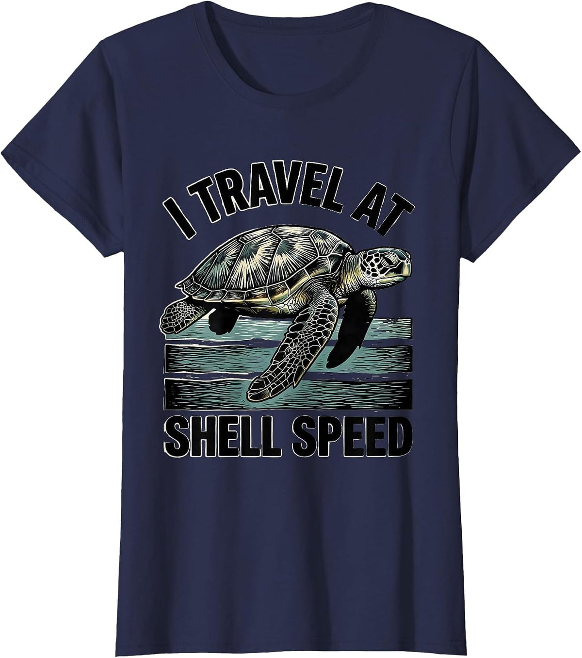 Women's I Travel At Shell Speed Woodcut Engraving Sea Turtle Lover T-Shirt - Navy Blue