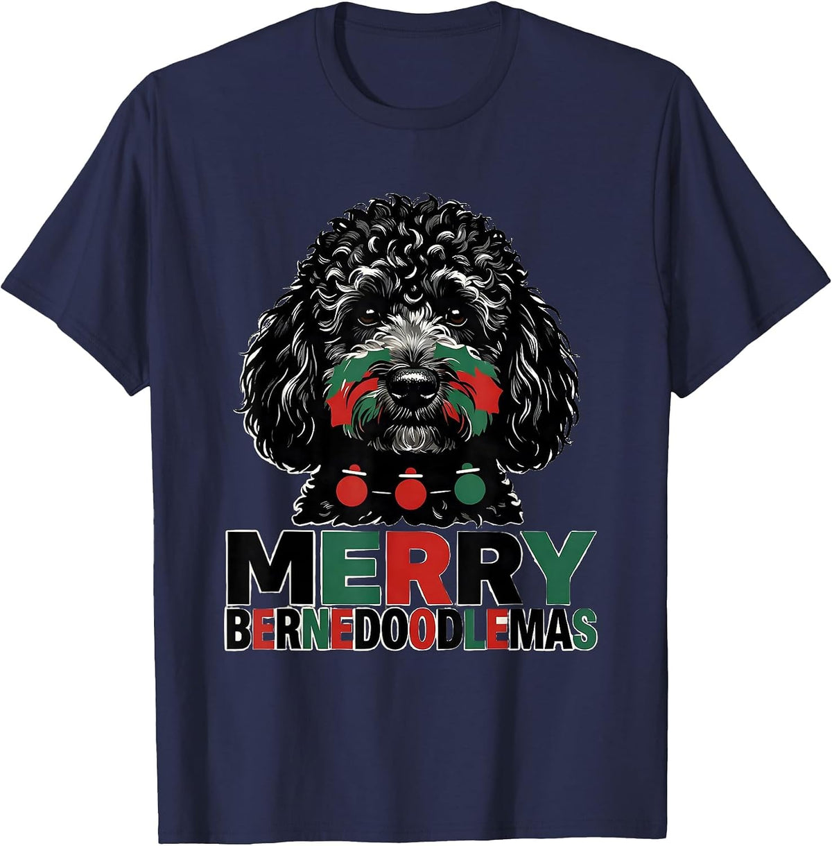 Men's Merry Bernedoodlemas Funny Christmas Dog Breed Humor T-Shirt - Navy Blue