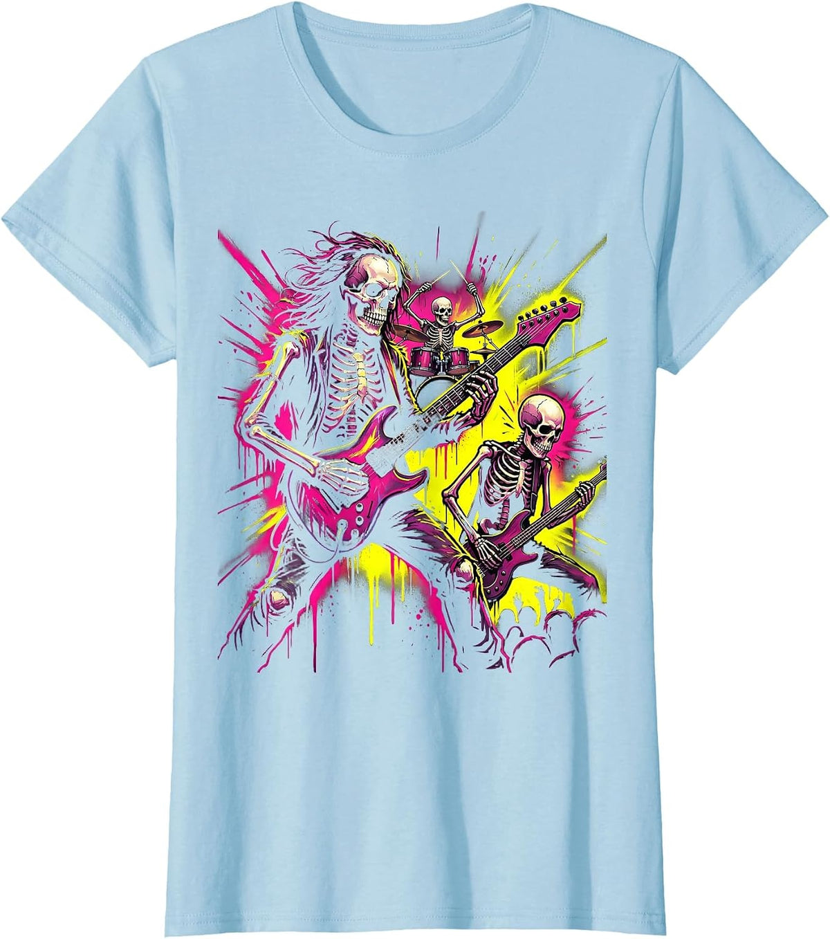 Skeletal Rock Band On Stage Graphic T-Shirt - Baby Blue