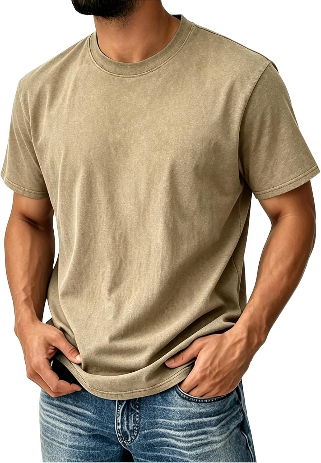 Mens Short Sleeve Shirts Distressed Washed Casual Shirts Crew Neck Vintage Retro Acid Wash Summer Denim Tee Tops - Pf42-khaki
