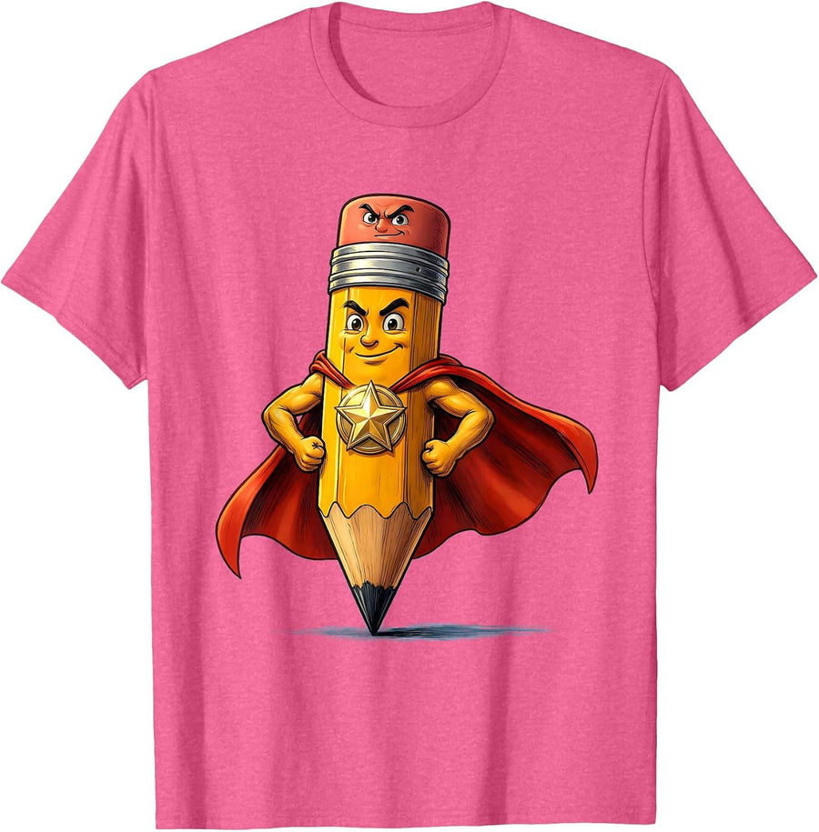 Superhero Pencil Preschool Teacher Graphic T-Shirt - Pink Heather