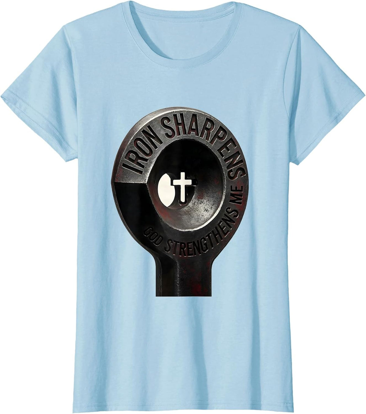 Women's Iron Sharpens God Strengthens Me Minimalist Christian Gym T-Shirt - Baby Blue