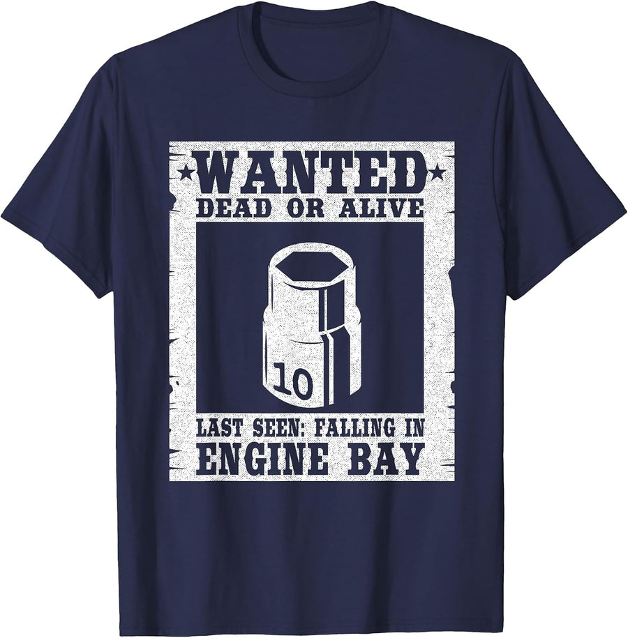 Wanted 10mm Socket Poster Race Car Drag Racing Mechanic T-Shirt - Navy Blue