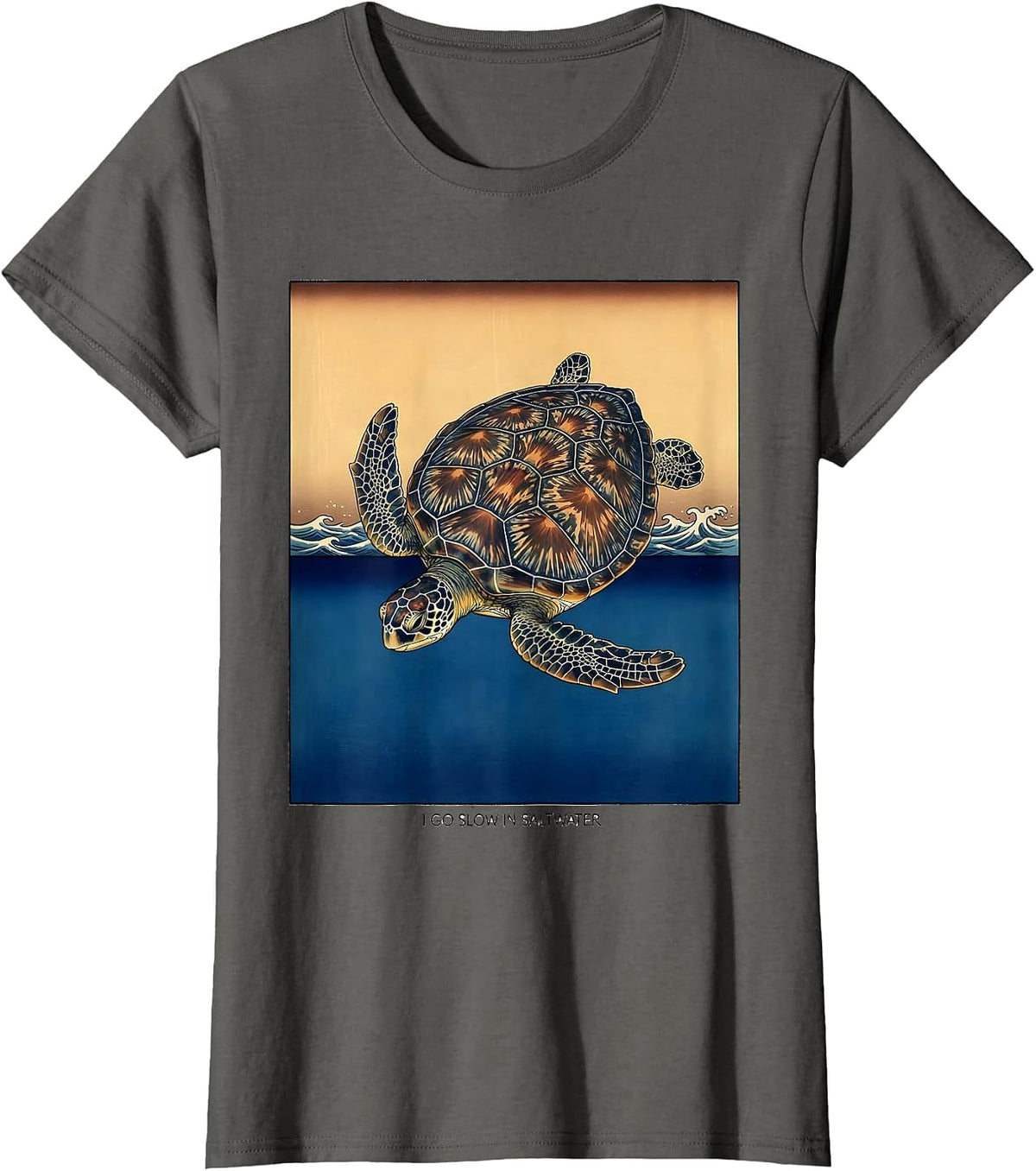 Women's I Go Slow In Saltwater Ukiyo-e Sea Turtle Lover Beach Humor T-Shirt - Asphalt Grey