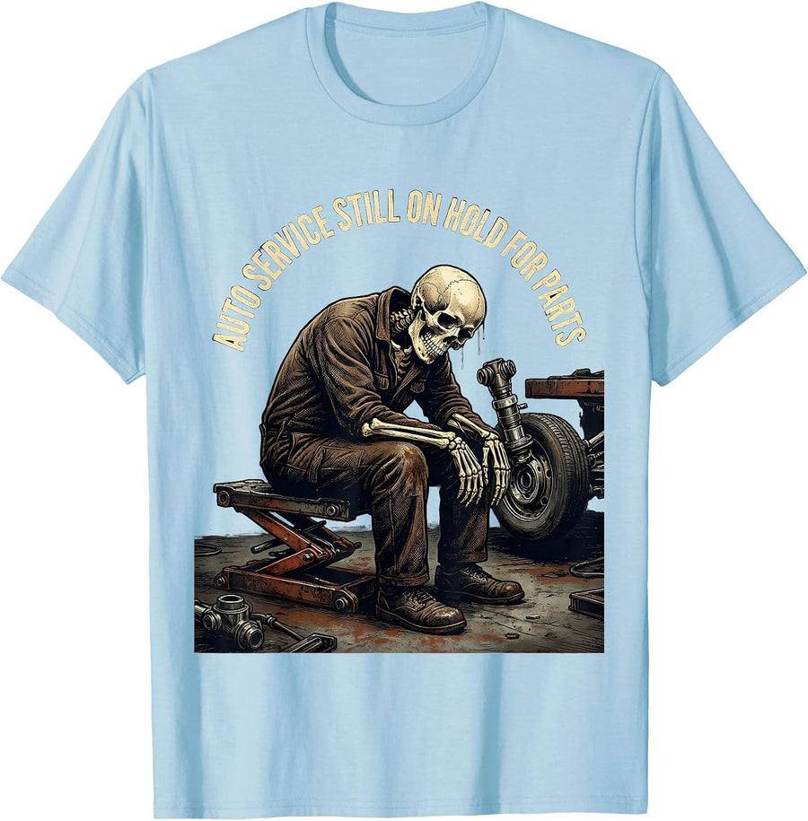 Men's Auto Service Still On Hold For Parts Funny Vintage Mechanic T-Shirt - Baby Blue