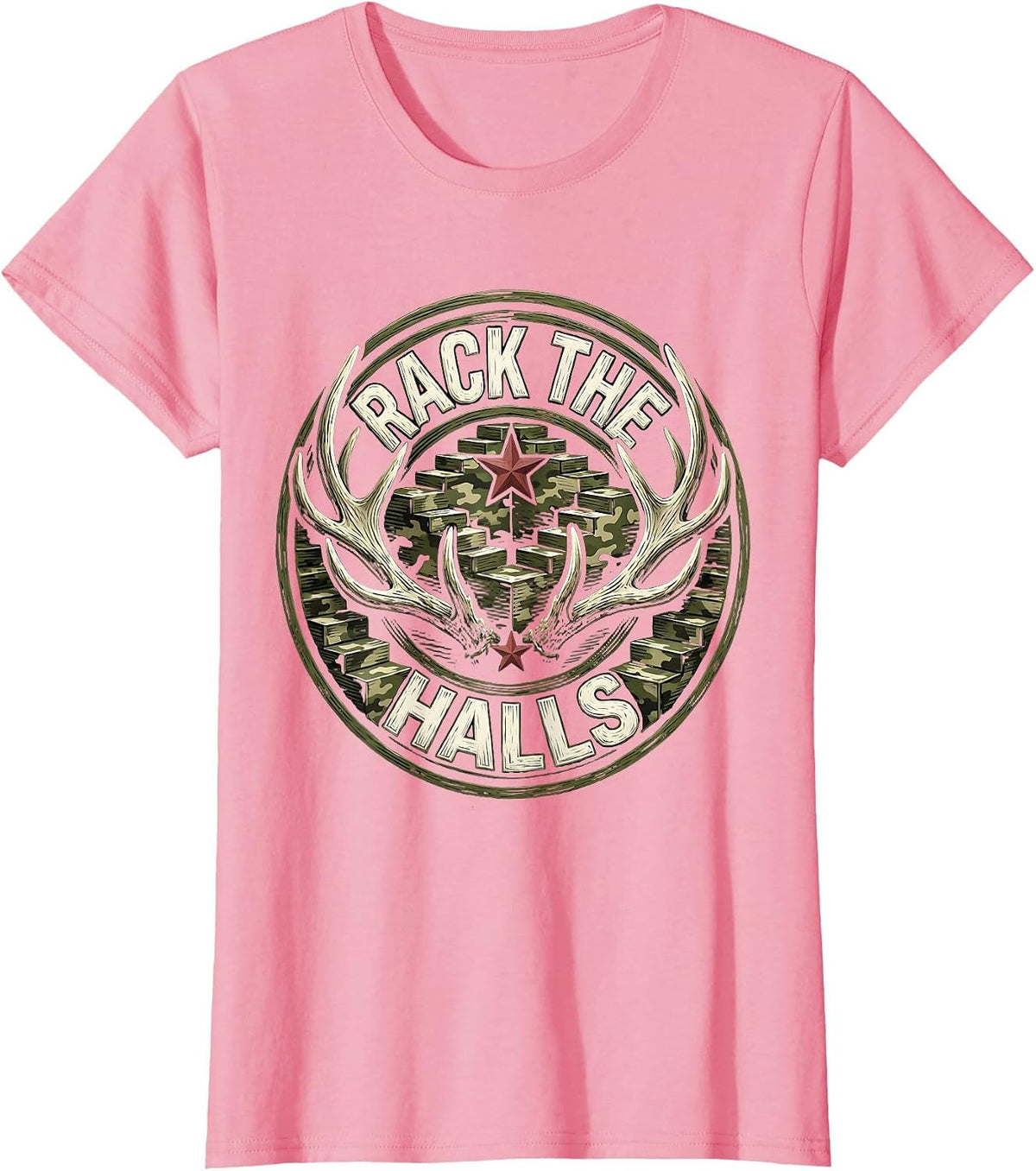 Women's Rack the Halls Woodcut Engraving Funny Camo Deer Hunting T-Shirt - Pink