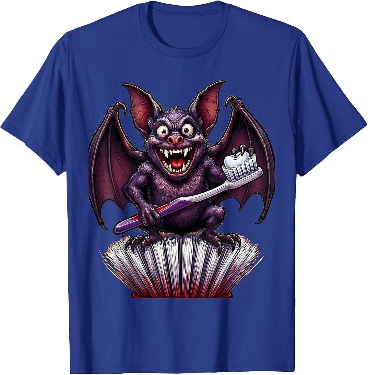 Men's Vampire Bat on Toothbrush Halloween Dental Design T-Shirt - Royal Blue