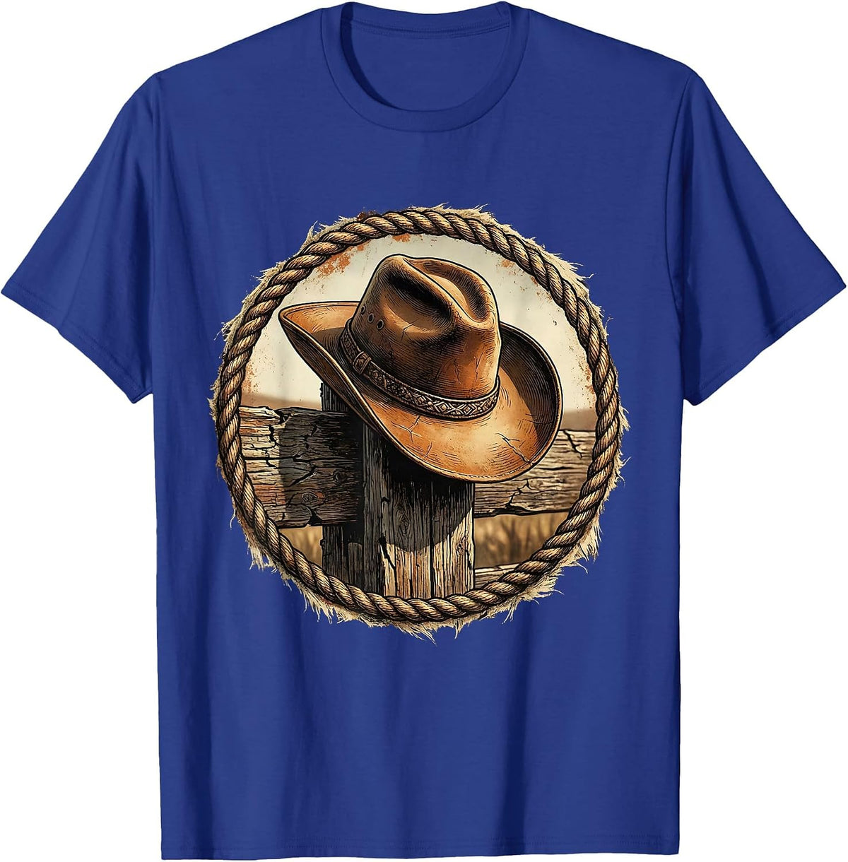 Cowgirl Hat on Wooden Post Rodeo Illustration T-Shirt - Royal Blue