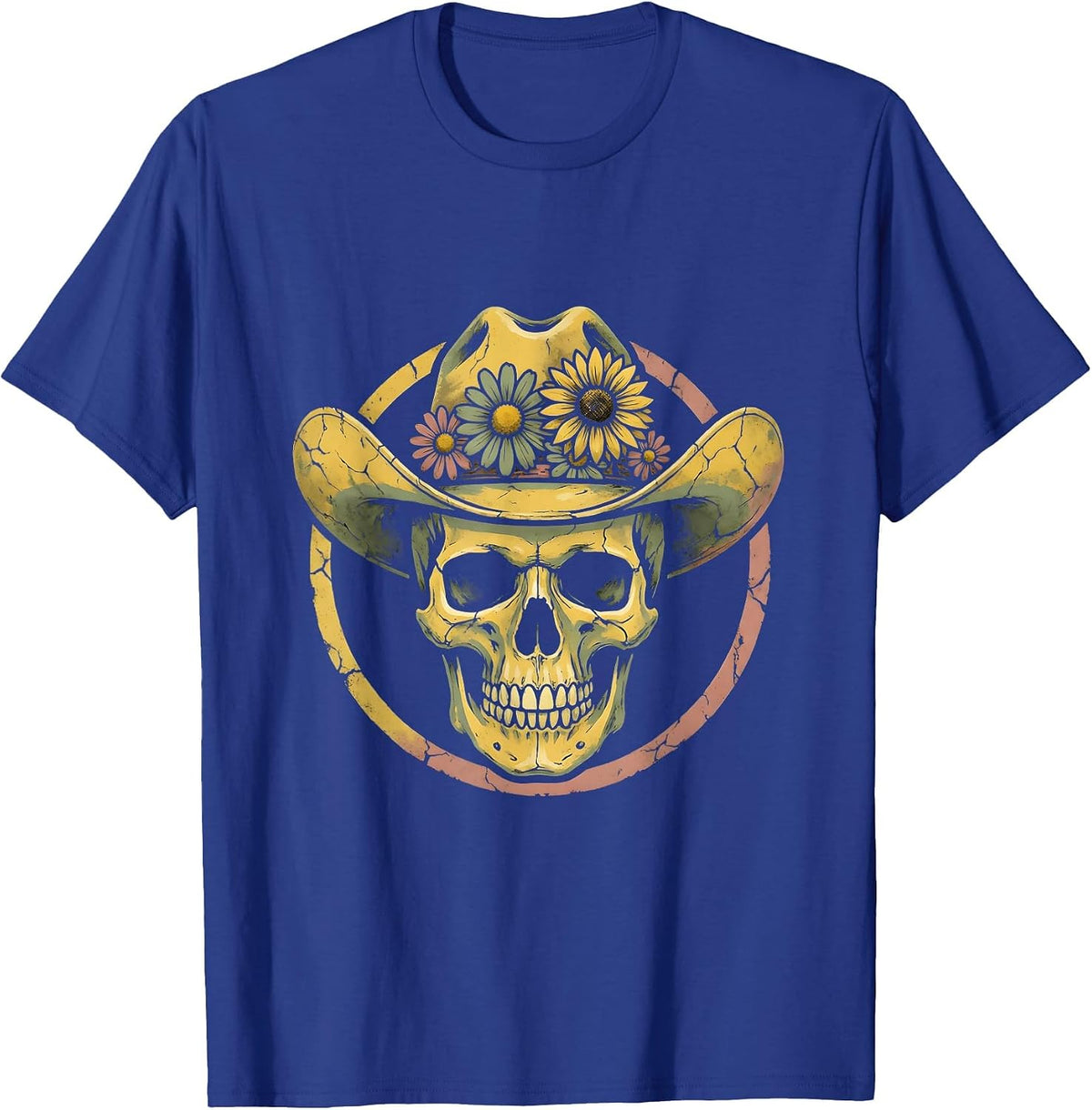 Floral Cowgirl Skull Western Women's Graphic Tee T-Shirt - Royal Blue