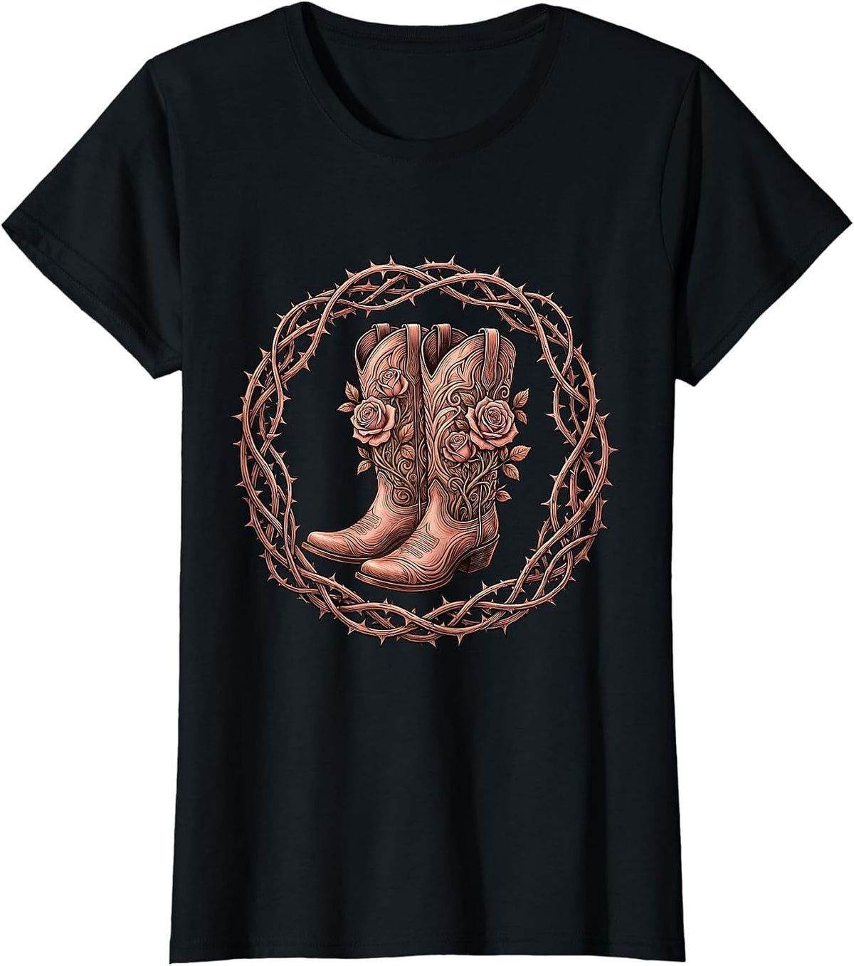 Cowboy Boots Rose Vine Western Graphic T-Shirt - Black