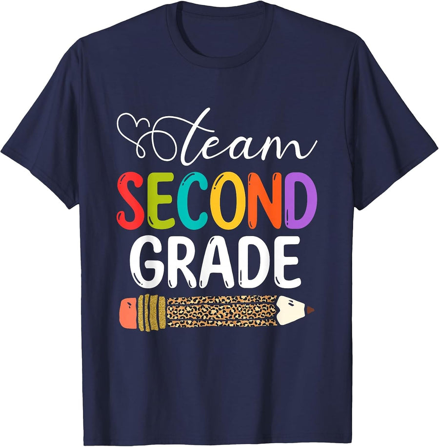 Team Second Grade Leopard Pencil 2nd Grade Teacher Student T-Shirt - Navy Blue