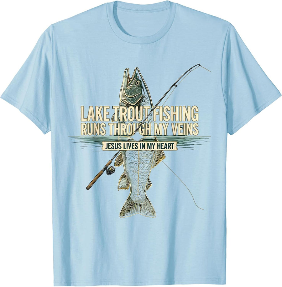 Men's Lake Trout Fishing Runs Through My Veins Jesus Lives T-Shirt - Baby Blue