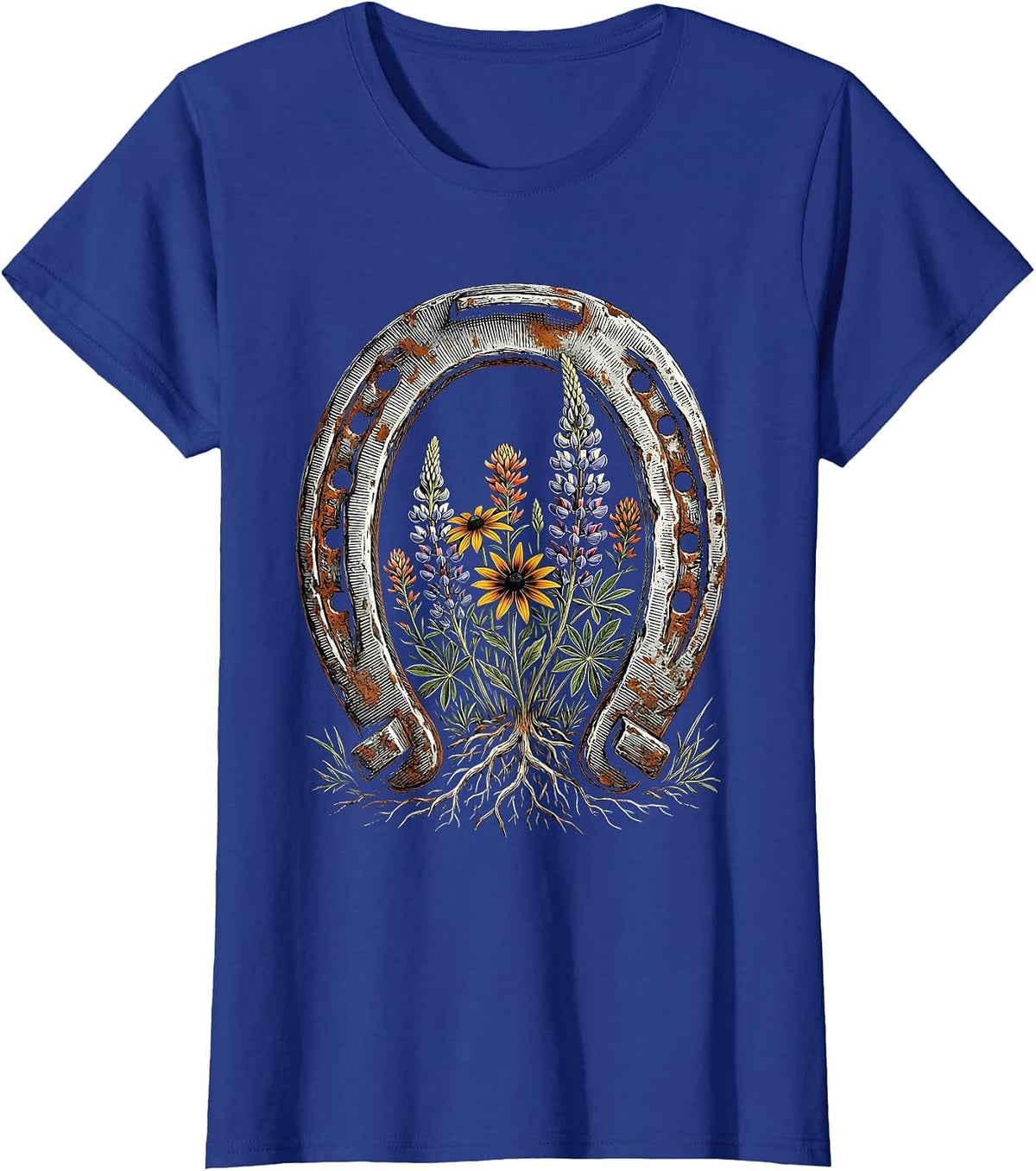 Women's Wildflower Horseshoe Western Boho Graphic T-Shirt - Royal Blue
