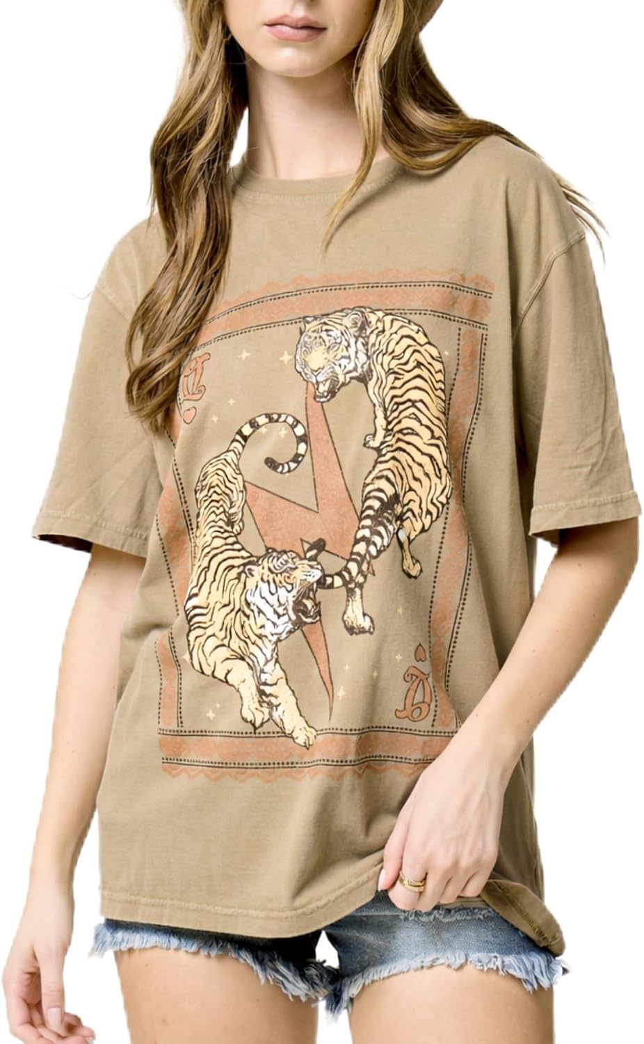 Vintage Western Graphic Tee Soft Cotton Boho Casual Top for Women - Taupe-3