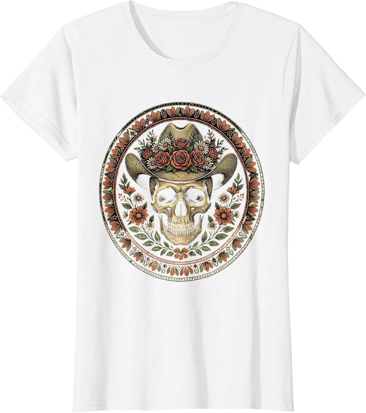 Women's Floral Cowboy Hat Skull Western Boho Art T-Shirt - White