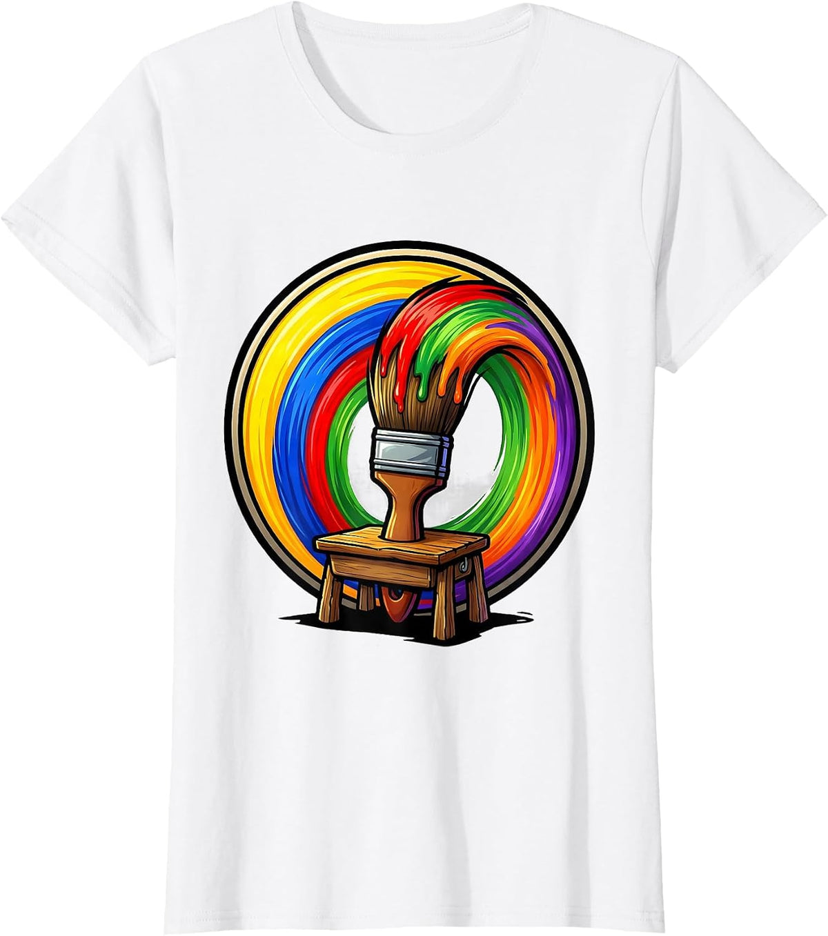 Women's PreK Teacher Paintbrush Rainbow Classroom Art T-Shirt - White