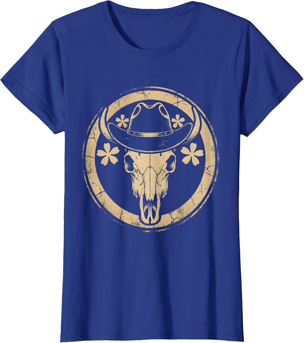 Women's Floral Skull Cowboy Hat Western Boho Design T-Shirt - Royal Blue