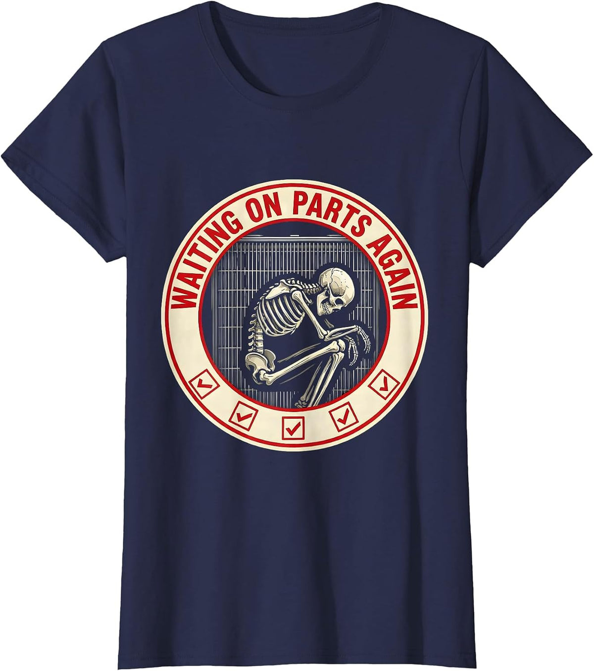 Women's Waiting On Parts Again Funny Mechanic Skeleton Auto Repair T-Shirt - Navy Blue