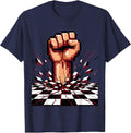 Retro 80s Fist Punch Checkerboard Graphic T-Shirt - Navy Blue
