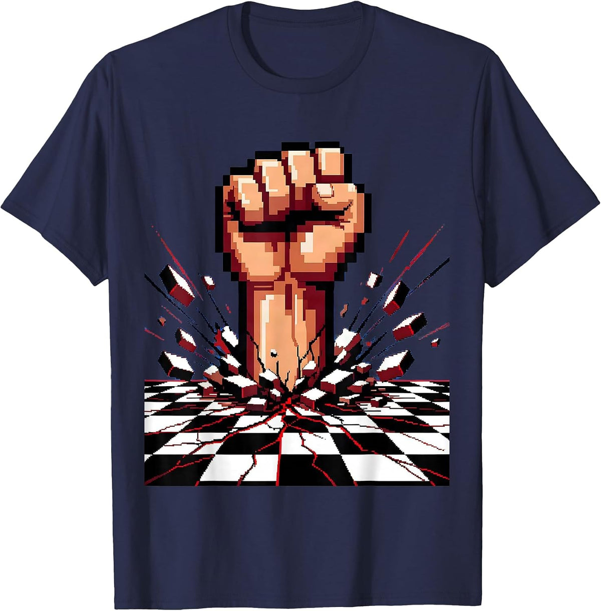 Retro 80s Fist Punch Checkerboard Graphic T-Shirt - Navy Blue
