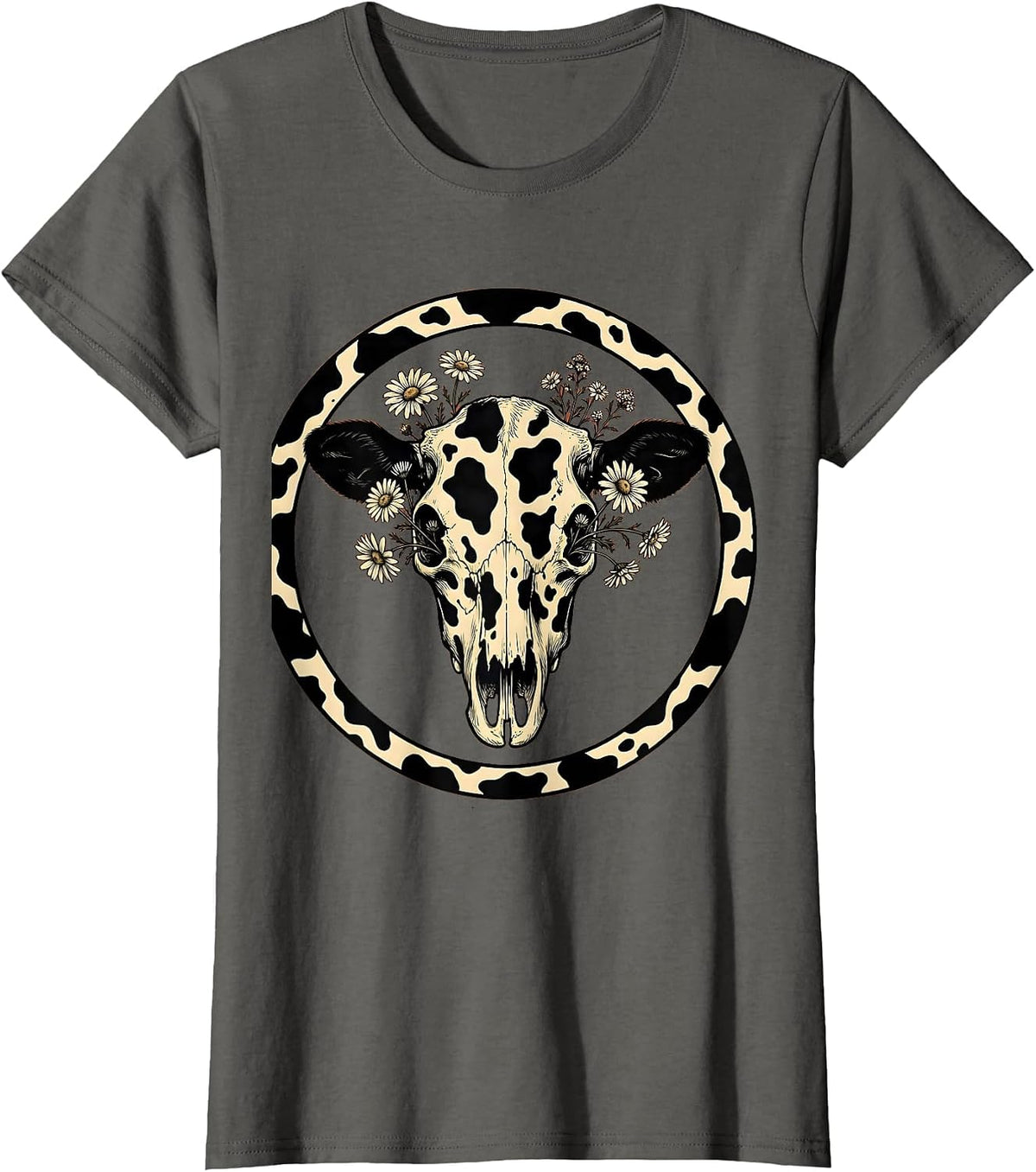 Women's Cow Skull Wildflowers Boho Western Floral Illustration T-Shirt - Asphalt Grey