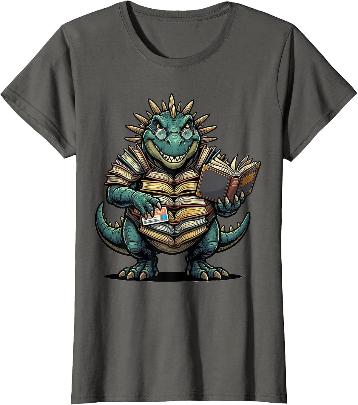 Women's Dinosaur Reading Teacher Librarian Bookworm Humor T-Shirt - Asphalt Grey
