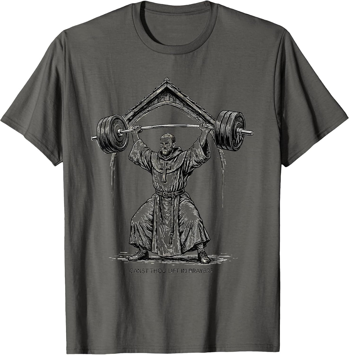 Canst Thou Lift in Prayer Medieval Monk Christian Gym Humor T-Shirt - Asphalt Grey